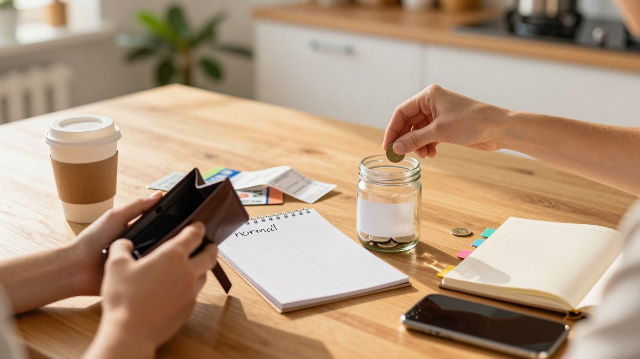 O persoană pune o monedă într-un borcan pe o masă cu un caiet, portofel, telefon și cafea.