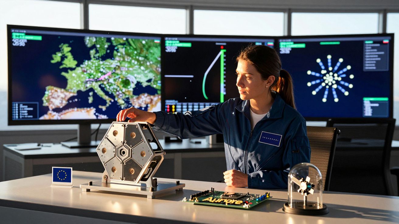 Femeie pilotând un dispozitiv tehnologic la un birou, cu hărți și grafice pe monitoare în fundal. Steagul UE vizibil.