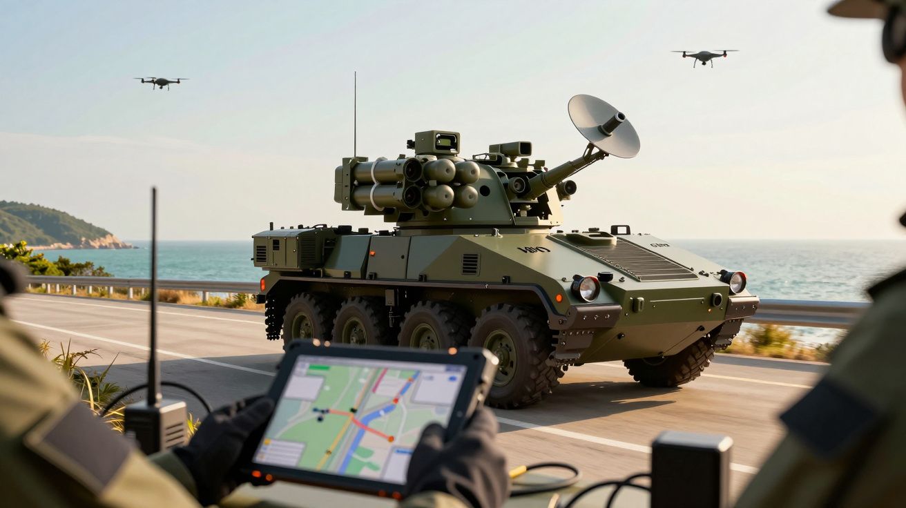 Vehicul militar blindat pe drum lângă mare, operat de soldat cu tabletă, drone survolând.