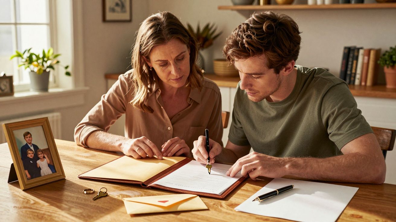 Două persoane la masă, analizând documente; poză de familie pe fundal.