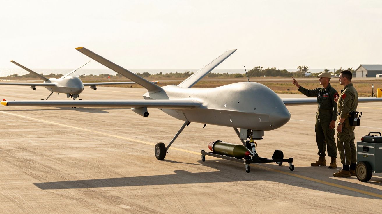 Dronă pe pistă, trei soldați discutând alături, cer senin, vegetație la orizont.