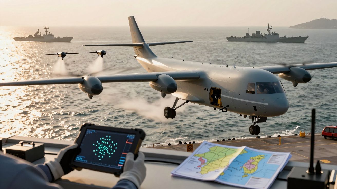 Avion decolând de pe pistă de navă, operator cu tabletă în prim-plan, hărți și nave în fundal.