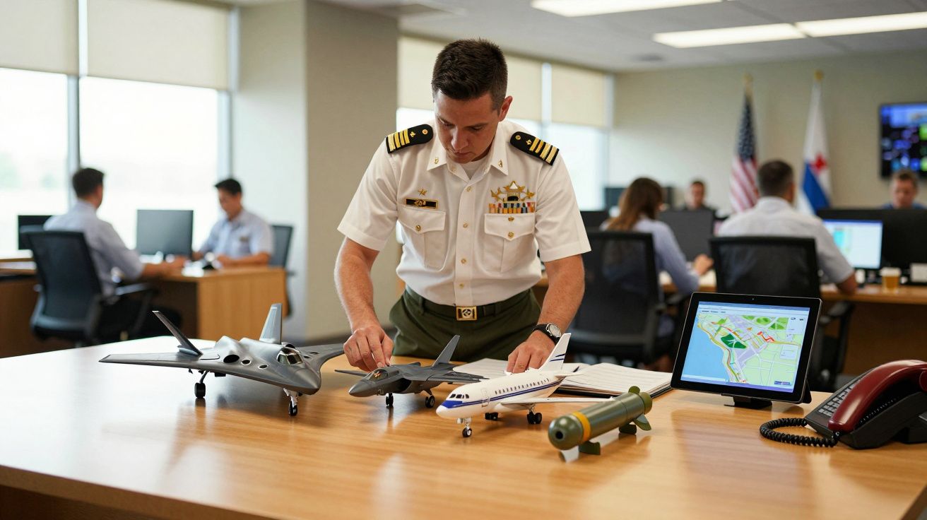 Bărbat în uniformă militară examinează machete de avioane la un birou, cu alți oameni lucrând în fundal.