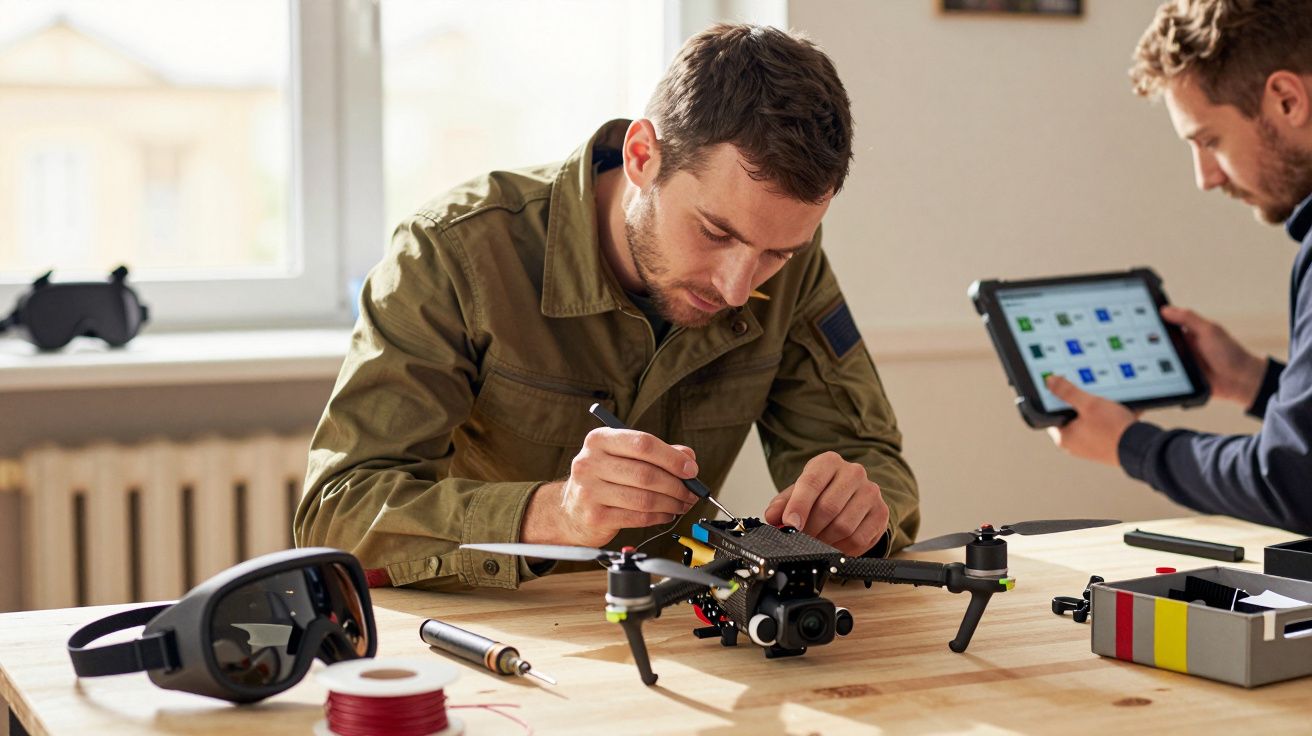 Doi bărbați asamblează o dronă pe o masă de lucru; unul folosește o tabletă, celălalt folosește un instrument de precizie.