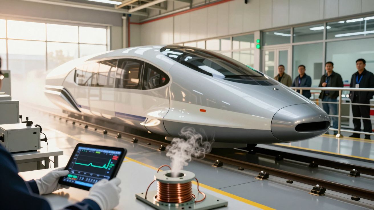 Tren de mare viteză levitând magnetic în laborator, controlat cu o tabletă, observat de un grup de oameni.