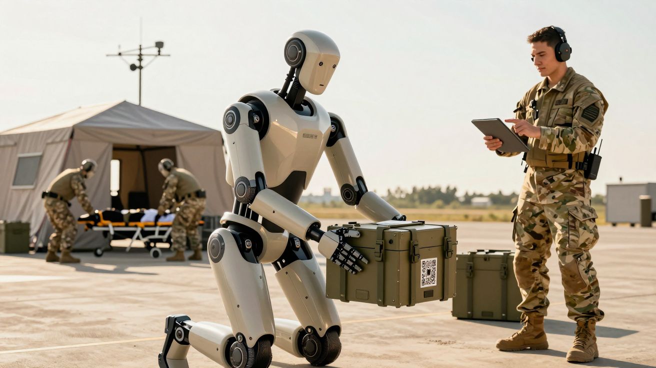 Soldat interacționând cu un robot care transportă o cutie în afara unui cort militar, alt soldat în fundal.