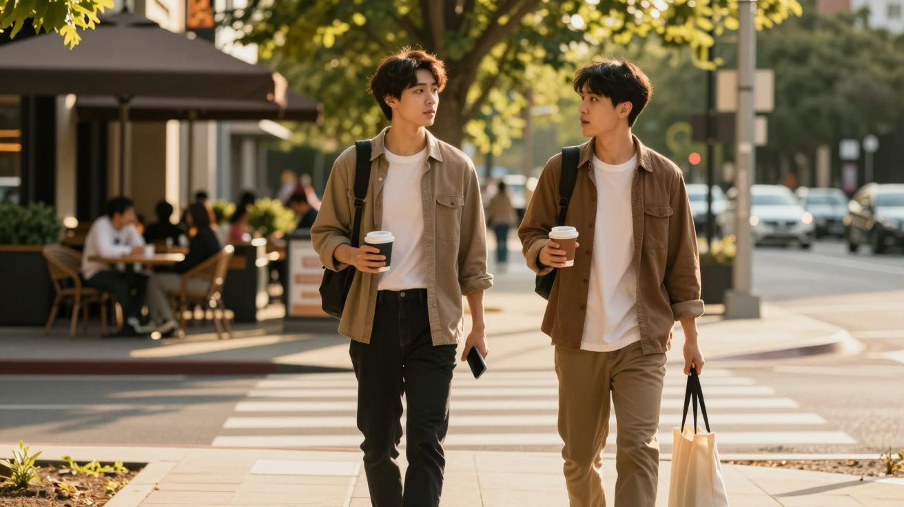 Două persoane merg pe trotuar, ținând cafele și pungi de cumpărături, într-o zonă urbană însorită.