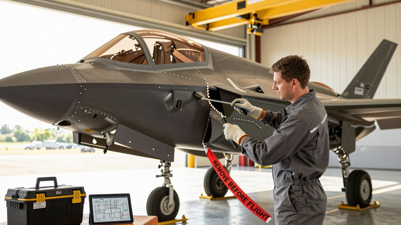 Tehnician verificând un avion de vânătoare într-un hangar, cu un laptop și cutie de unelte alături.