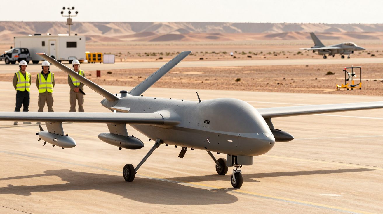 Dronă pe pista de decolare în deșert, cu trei persoane în vestă reflectorizantă în fundal și un avion în zare.