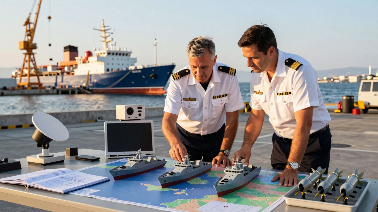 Doi ofițeri navali analizează modele de nave pe o hartă, în port, lângă un vas de marfă și macarale.