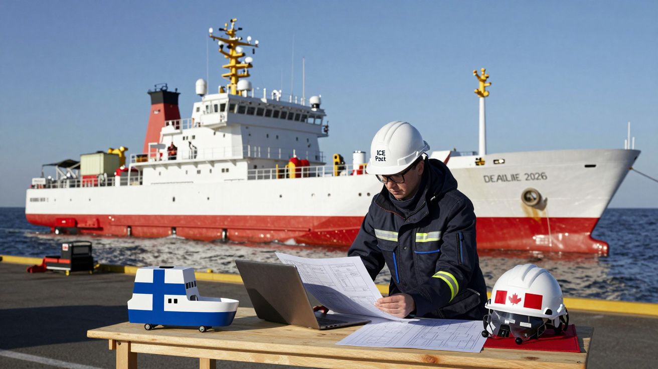 Persoană în cască analizând hârtii pe un doc, cu o navă mare alb-roșie ancorată în fundal.