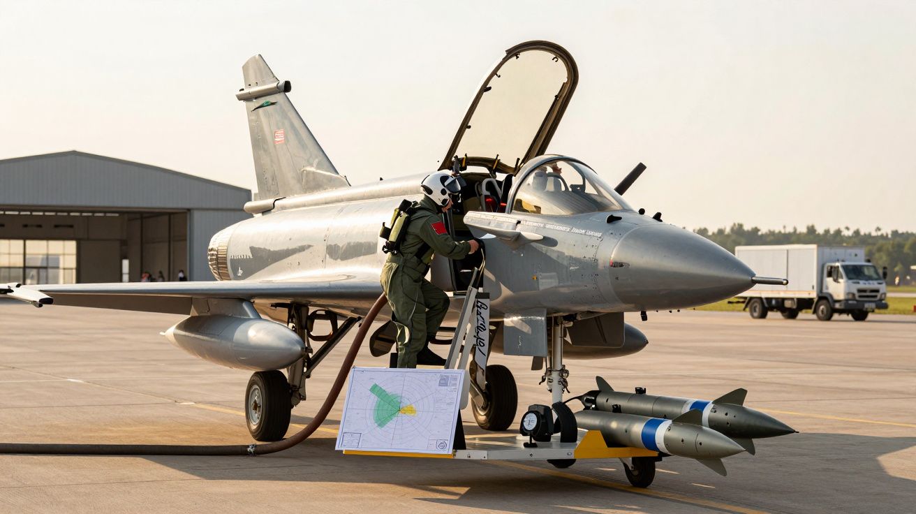 Pilot urcându-se într-un avion de luptă gri pe pistă, cu un hangar și vehicule în fundal.