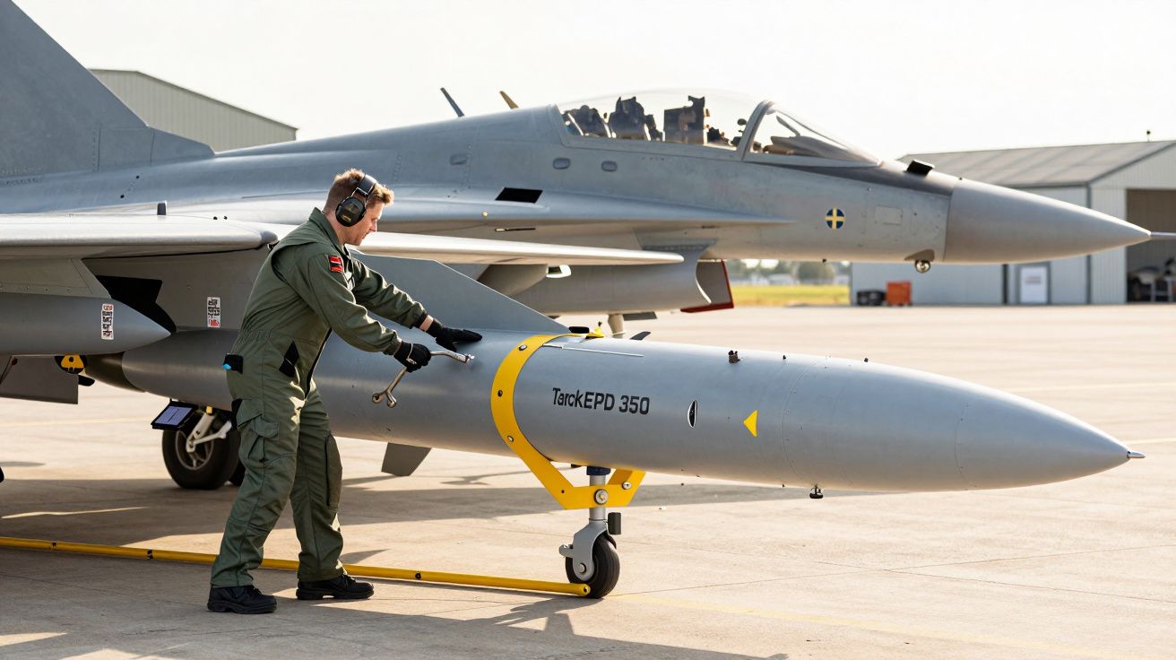 Persoană în uniformă verde, echipând un avion de luptă cu un rezervor marcat "TankEPD 350", pe un aerodrom.