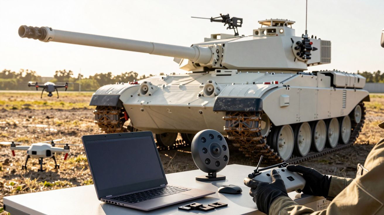 Tanc alb controlat de la distanță, lângă drone, laptop și echipament de control pe o masă în aer liber.