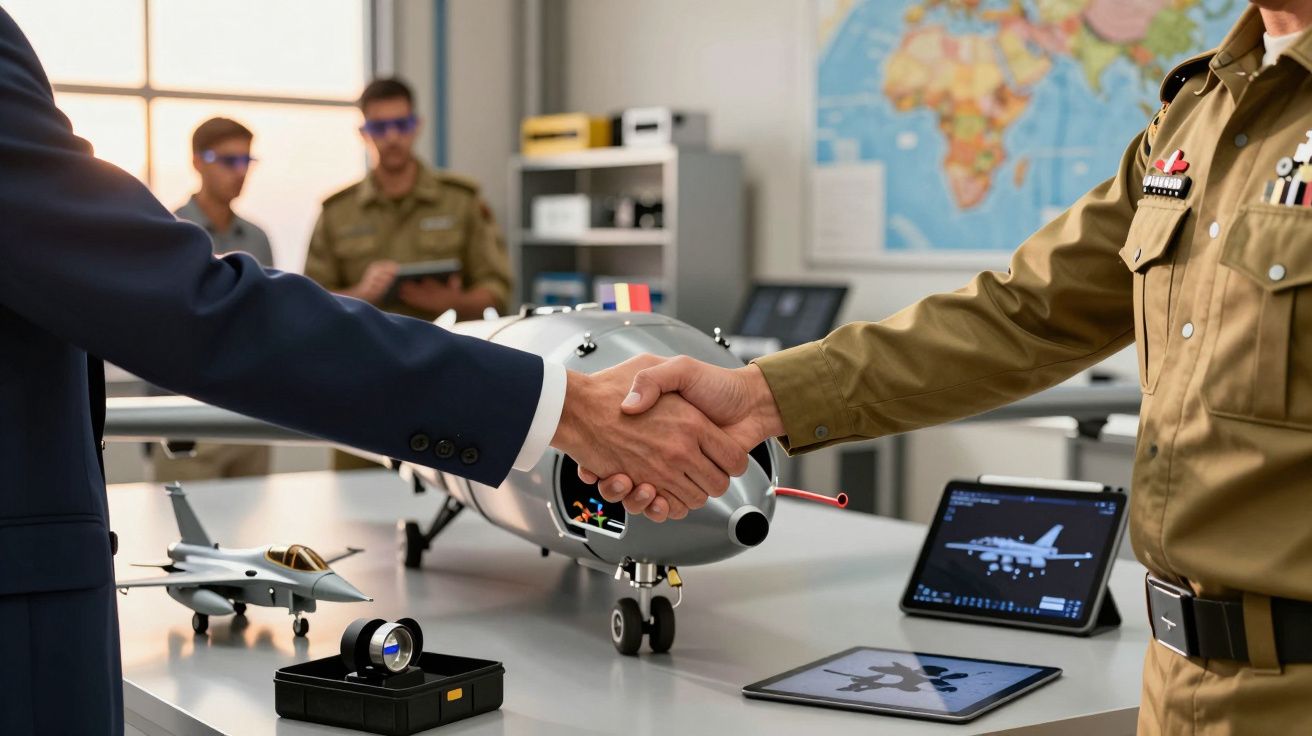 Două persoane dându-și mâna într-un birou cu modele de avioane și tablete pe masă, având hartă și echipament militar în funda