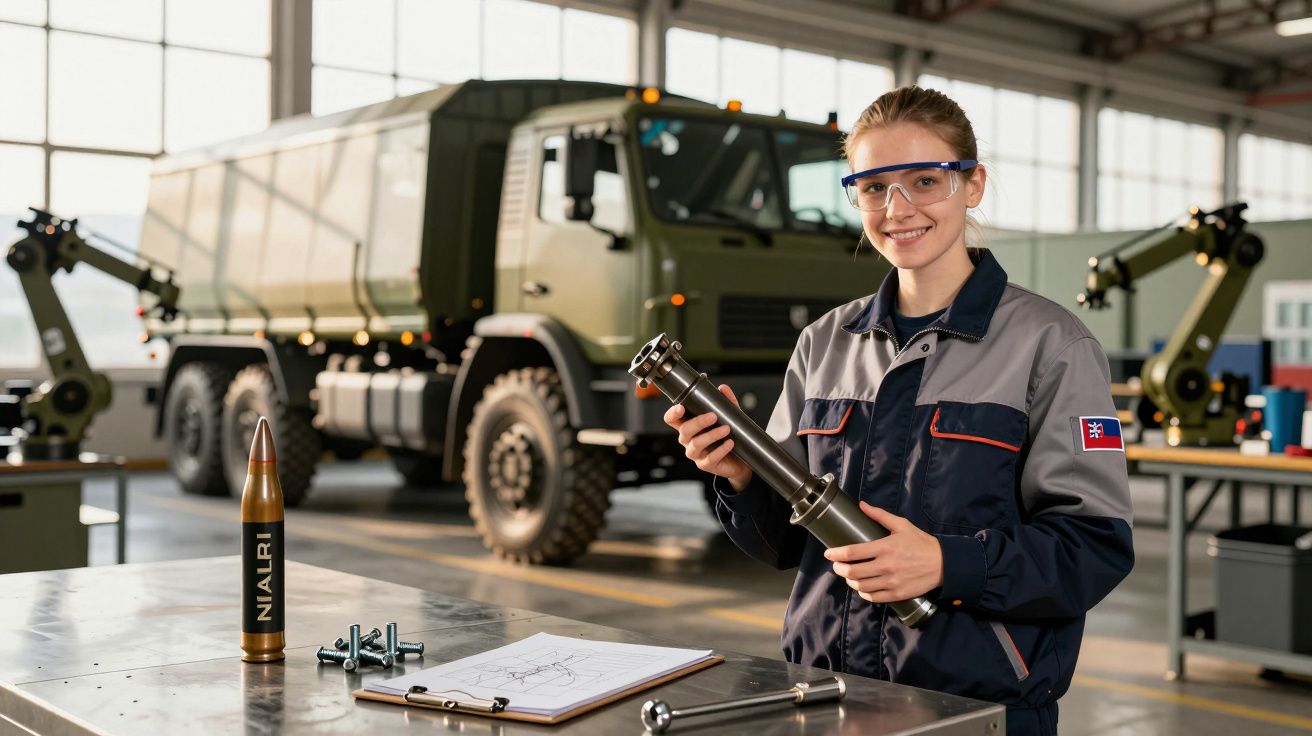Femeie în halat de lucru ținând o piesă metalică într-un atelier industrial, cu un camion militar în fundal.