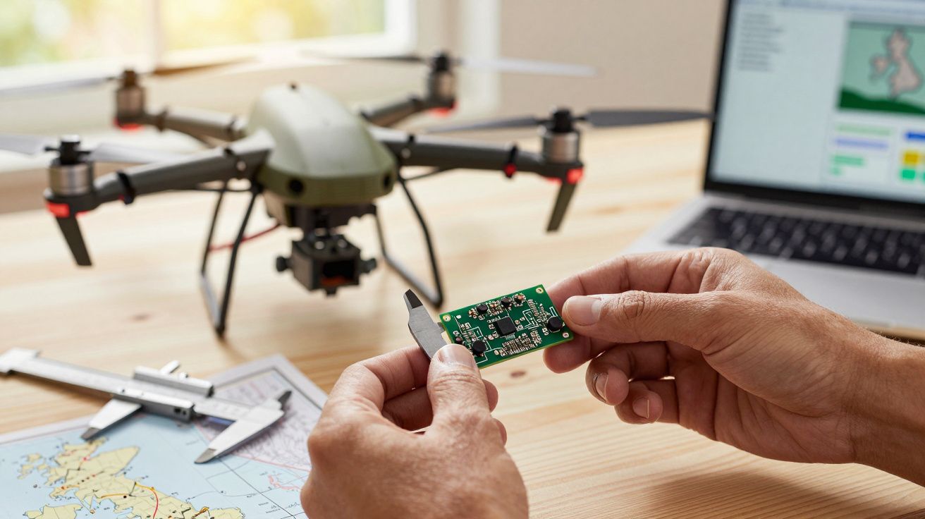 Persoană măsurând o placă electronică cu șublerul, având un drone și un laptop pe masă în fundal.