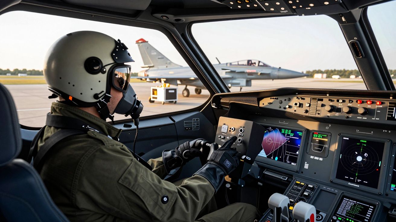 Pilot într-o cabină de avion, privind spre un avion militar pe pistă, în timpul zilei.