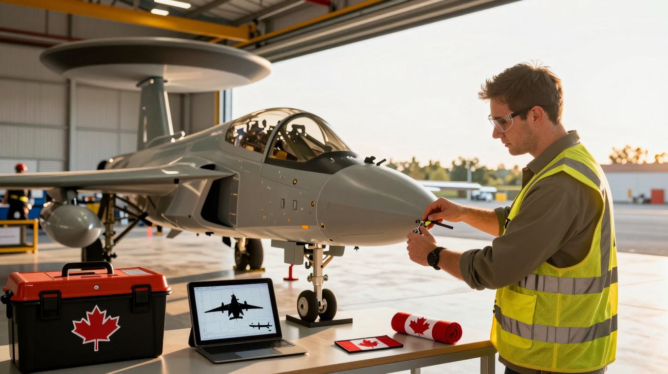 Tehnician inspectând un avion într-un hangar, cu o trusă de unelte și un laptop pe o masă în fața sa.