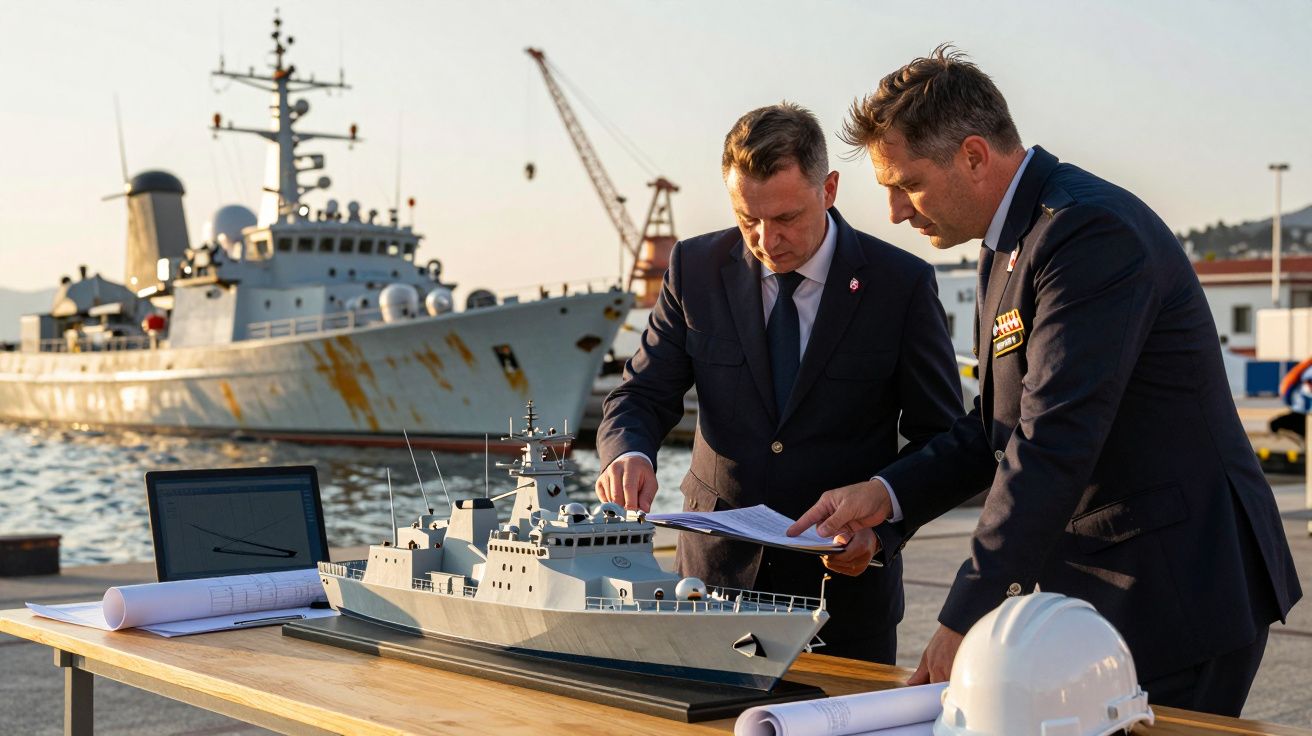 Doi bărbați discută planuri lângă un model de navă pe un chei; o navă mare și o macara în fundal.