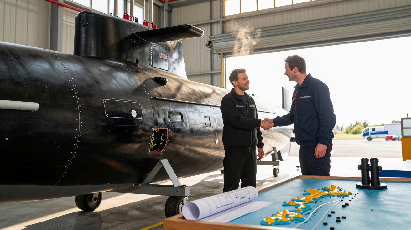 Două persoane dându-și mâna lângă un submarin într-un hangar, cu o hartă pe o masă în prim plan.