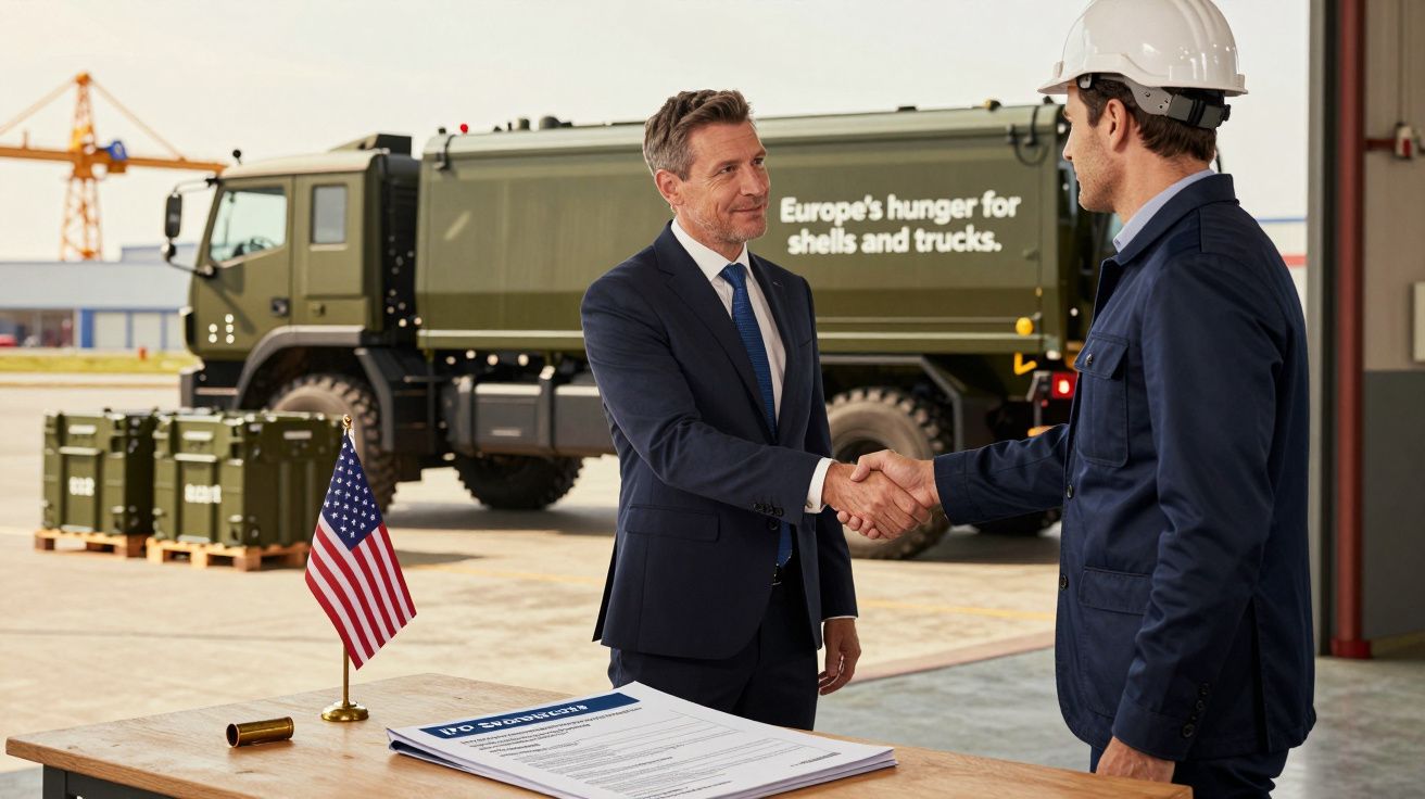 Bărbat în costum și muncitor în salopetă și cască dau mâna lângă un camion militar și steagul SUA.