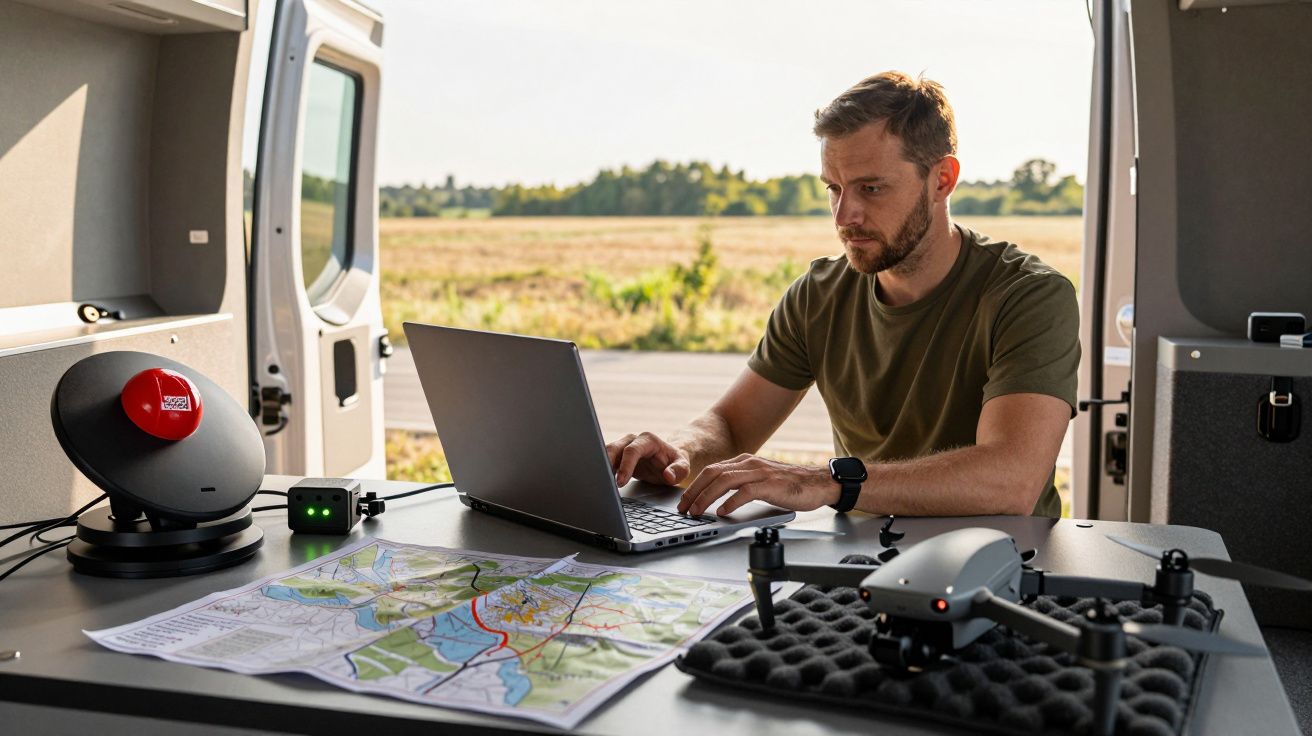 Bărbat lucrând la un laptop într-o dubă, cu o hartă și o dronă pe masă, lângă câmp deschis.