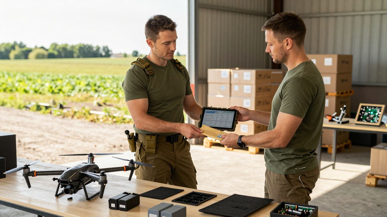 Doi bărbați discută lângă o masă cu drone și echipamente electronice într-un depozit deschis, cu câmpuri în fundal.