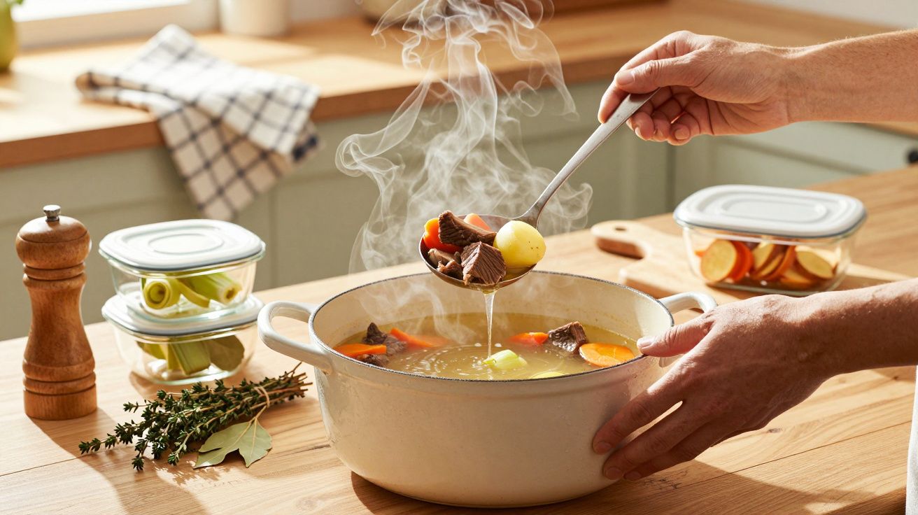O persoană amestecând o ciorbă fierbinte într-o oală albă, cu legume, pe un blat de bucătărie din lemn.