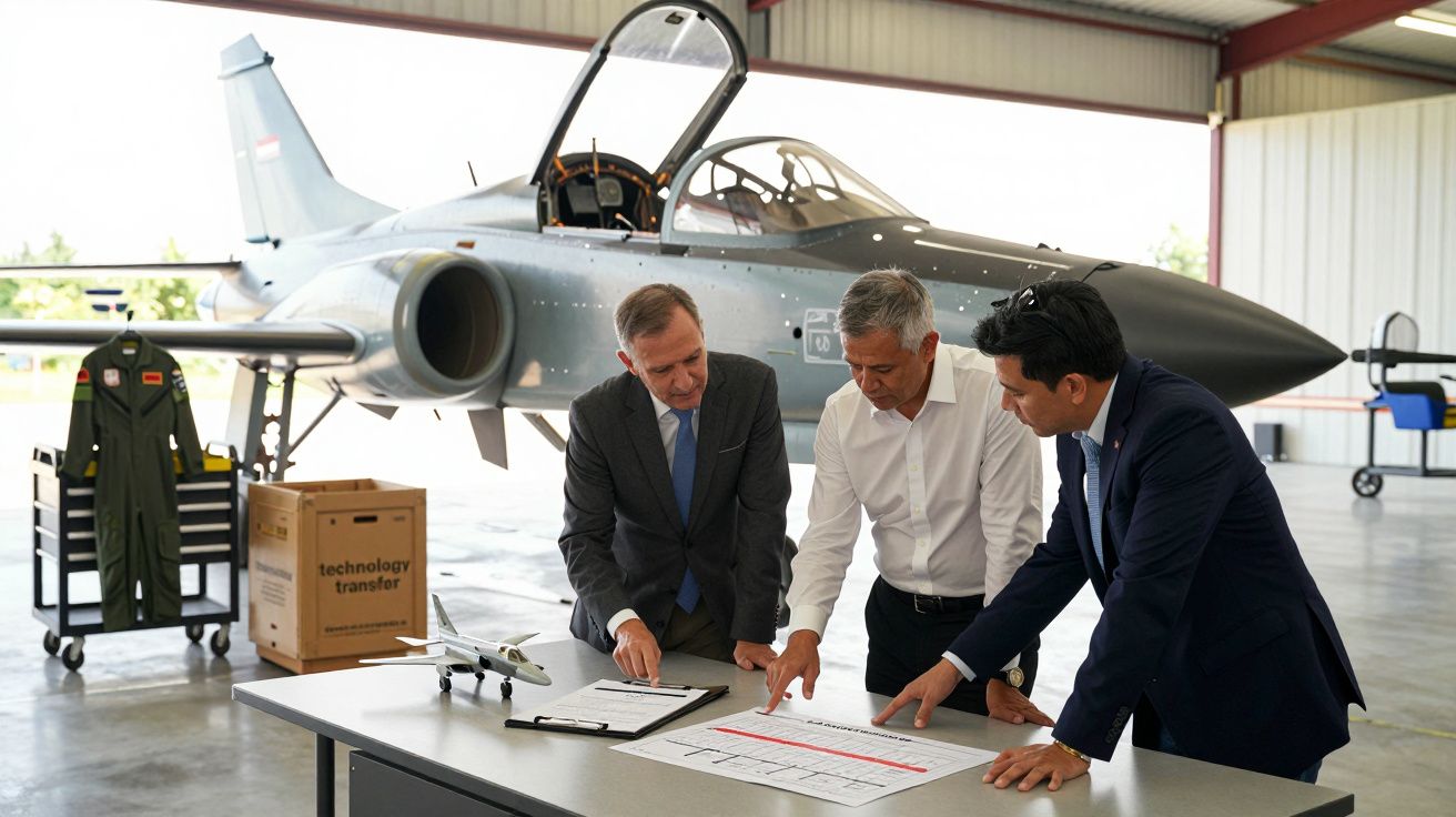 Trei bărbați discută lângă un avion militar într-un hangar, având documente și un model de avion pe masă.
