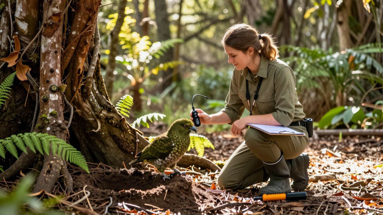 Femeie cercetător studiază un papagal în pădure, ținând un microfon și un caiet în mână.