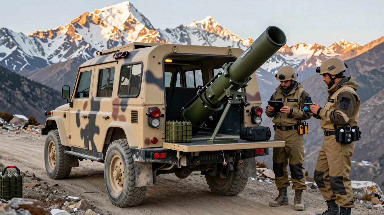 Două persoane în uniforme militare lângă un vehicul cu tun, pe un drum montan, cu munți înzăpeziți în fundal.