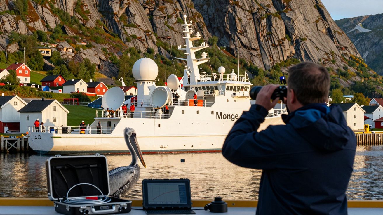 Bărbat privind o navă albă cu binoclu, pelican și laptop pe un cheu; case roșii și munți în fundal.