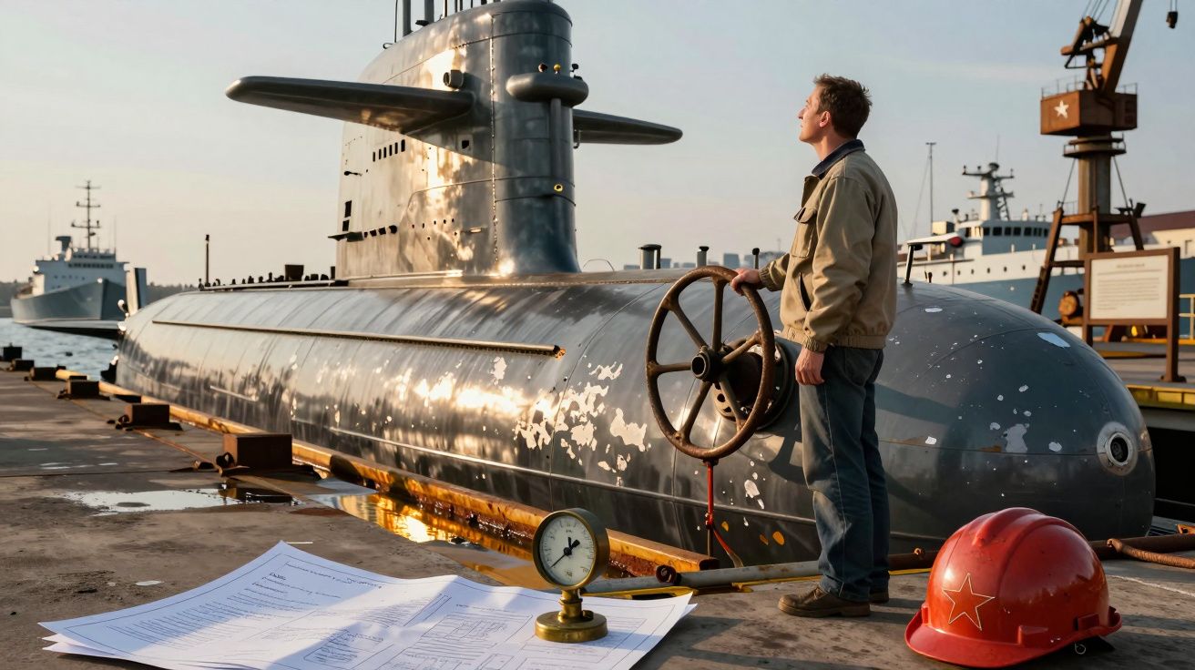 Bărbat privind un submarin de pe doc, cu planuri tehnice și cască de protecție pe platformă.
