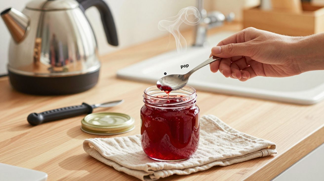 Mâna ținând o lingură deasupra unui borcan cu gem roșu pe un șervet, cu ibric în fundal.