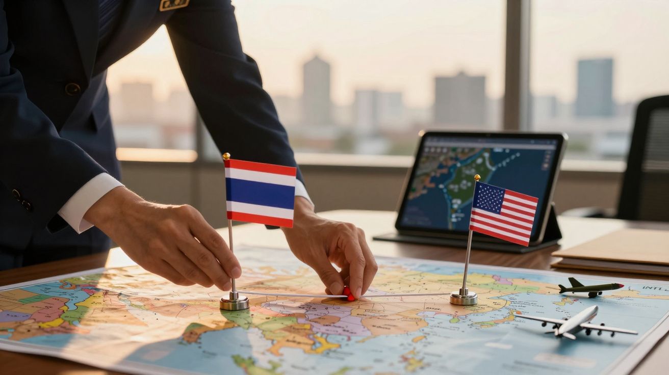 Persoană aranjează stegulețele Thailandei și SUA pe o hartă, într-un birou modern, cu laptop și avion în miniatură.