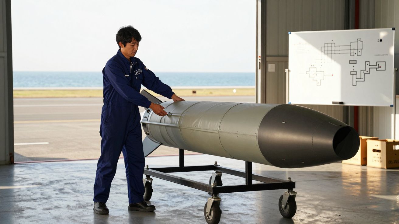 Bărbat în salopetă albastră manipulează un obiect lung pe roți într-un hangar, cu vedere la mare.