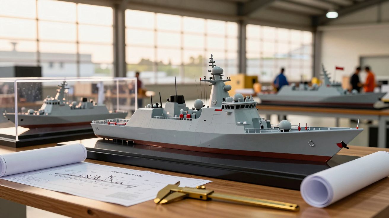 Model de navă militară pe o masă cu planuri și instrumente într-un atelier luminat natural.