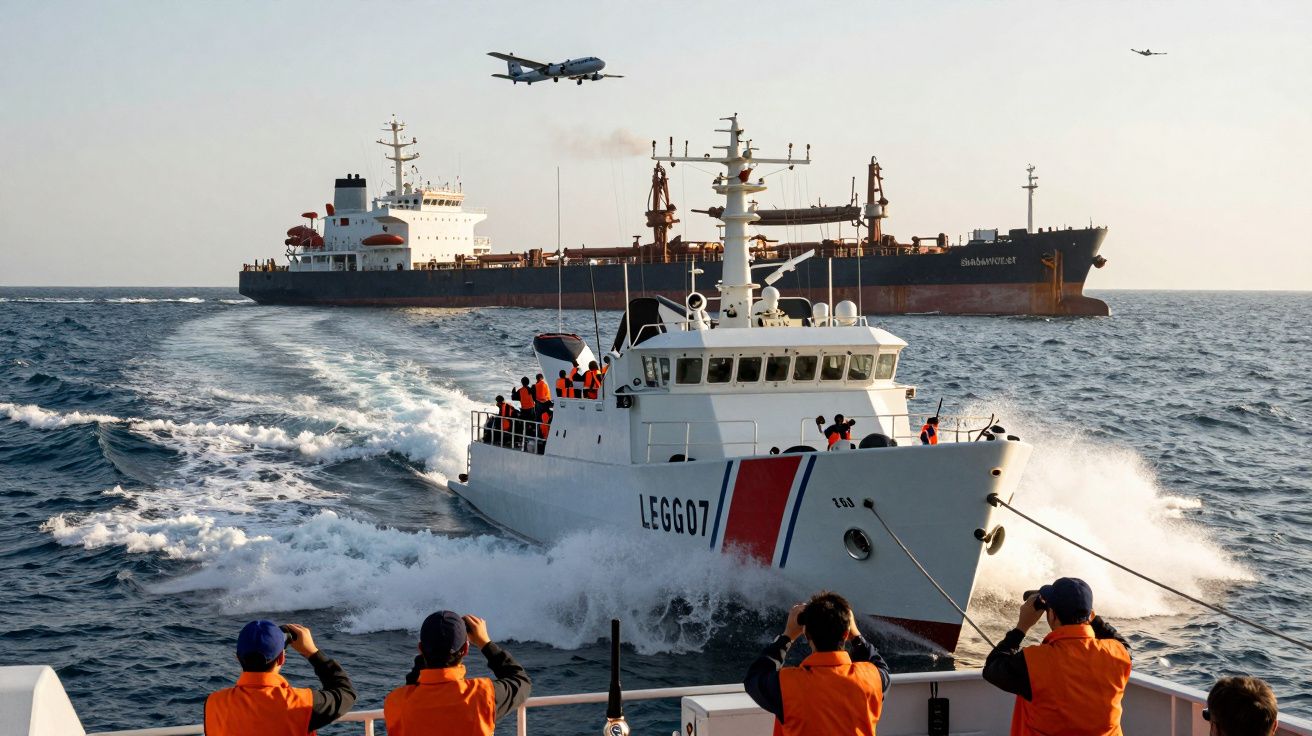 Vapor alb cu inscripția LEGGO7 navigând pe mare, urmat de o navă de marfă și un avion zburând deasupra.