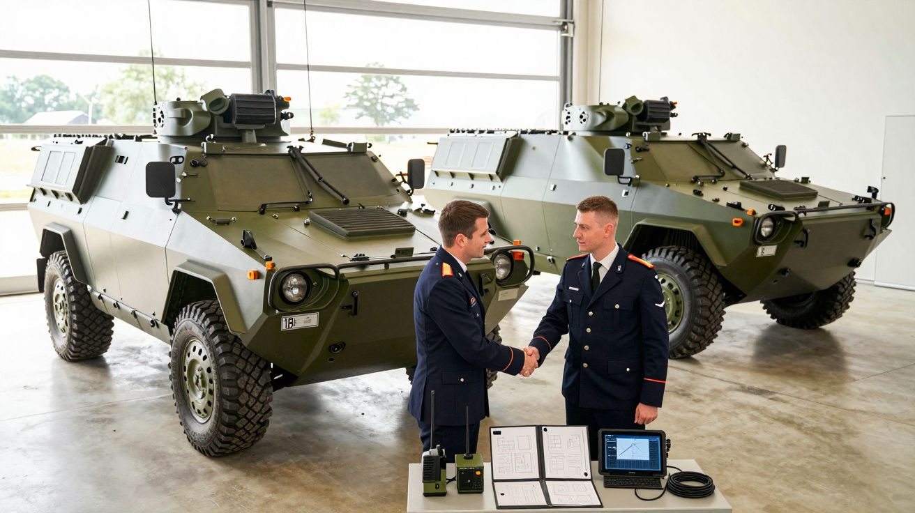 Doi bărbați în uniforme militare dau mâna în fața a două vehicule blindate într-un garaj.