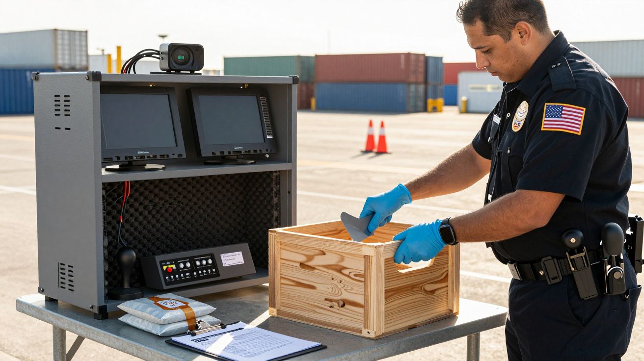 Un polițist inspectează o cutie de lemn lângă echipamente electronice în aer liber, cu containere în fundal.