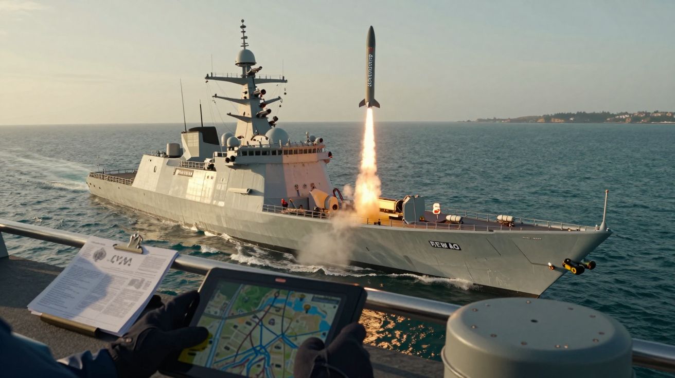 Fregată navală lansează o rachetă în largul mării, cu hartă digitală vizibilă în prim-plan.