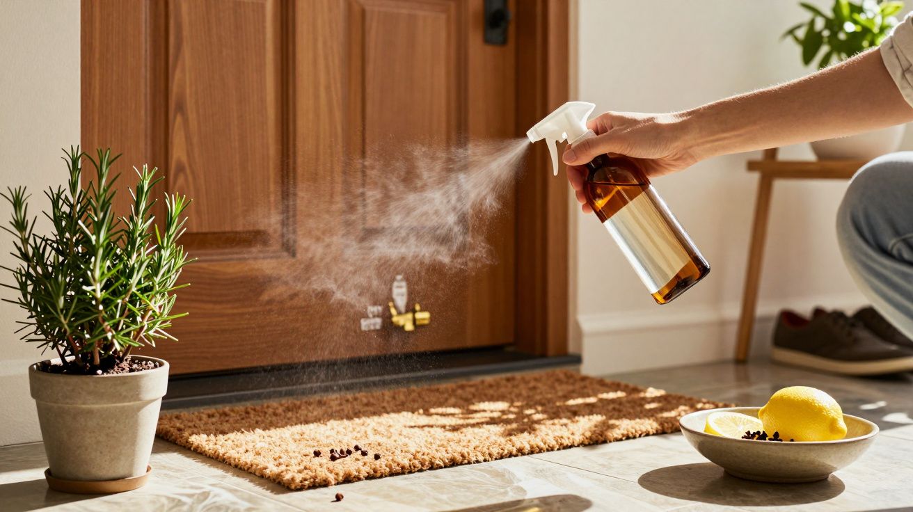 Persoană pulverizând lichid în fața unei uși de lemn; pe jos, un covoraș, o plantă și un bol cu lămâi.