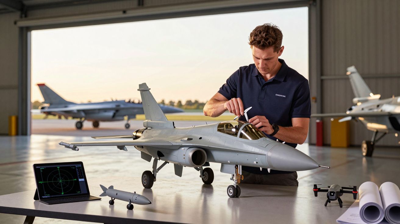 Bărbat la masă lucrând la o machetă de avion militar în hangar, cu laptop și avioane pe fundal.