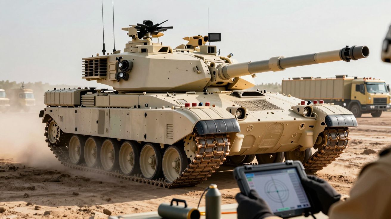 Tanc modern cu camuflaj desert în mișcare pe un teren nisipos, observat de o persoană cu tabletă și hands-on control.