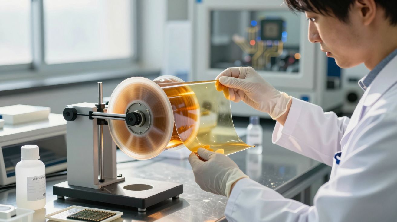 Cercetător în halat alb analizează o folie transparentă în laborator.