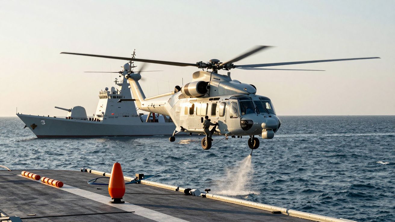 Elicopter militar în zbor deasupra unui vas naval pe mare albastră la apus.