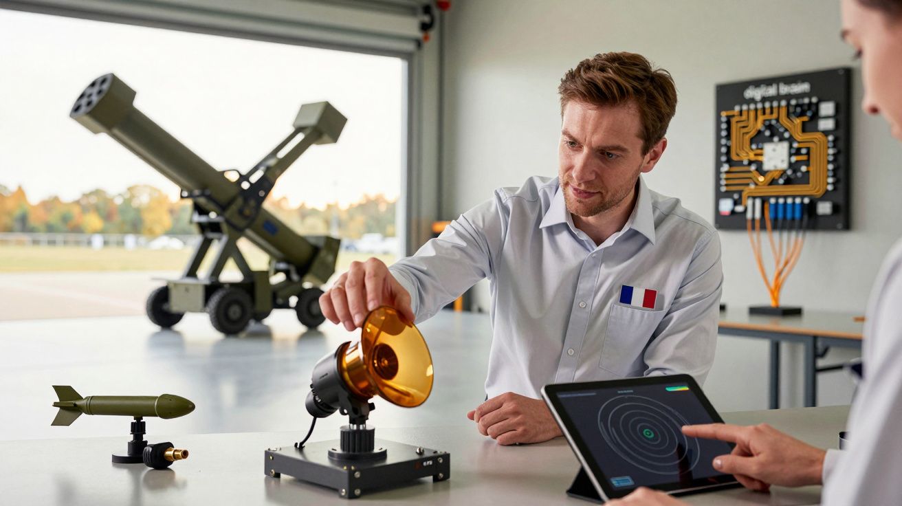 Bărbat discutând cu colegul său despre un dispozitiv electronic, într-un laborator tehnologic, având o tabletă în față.