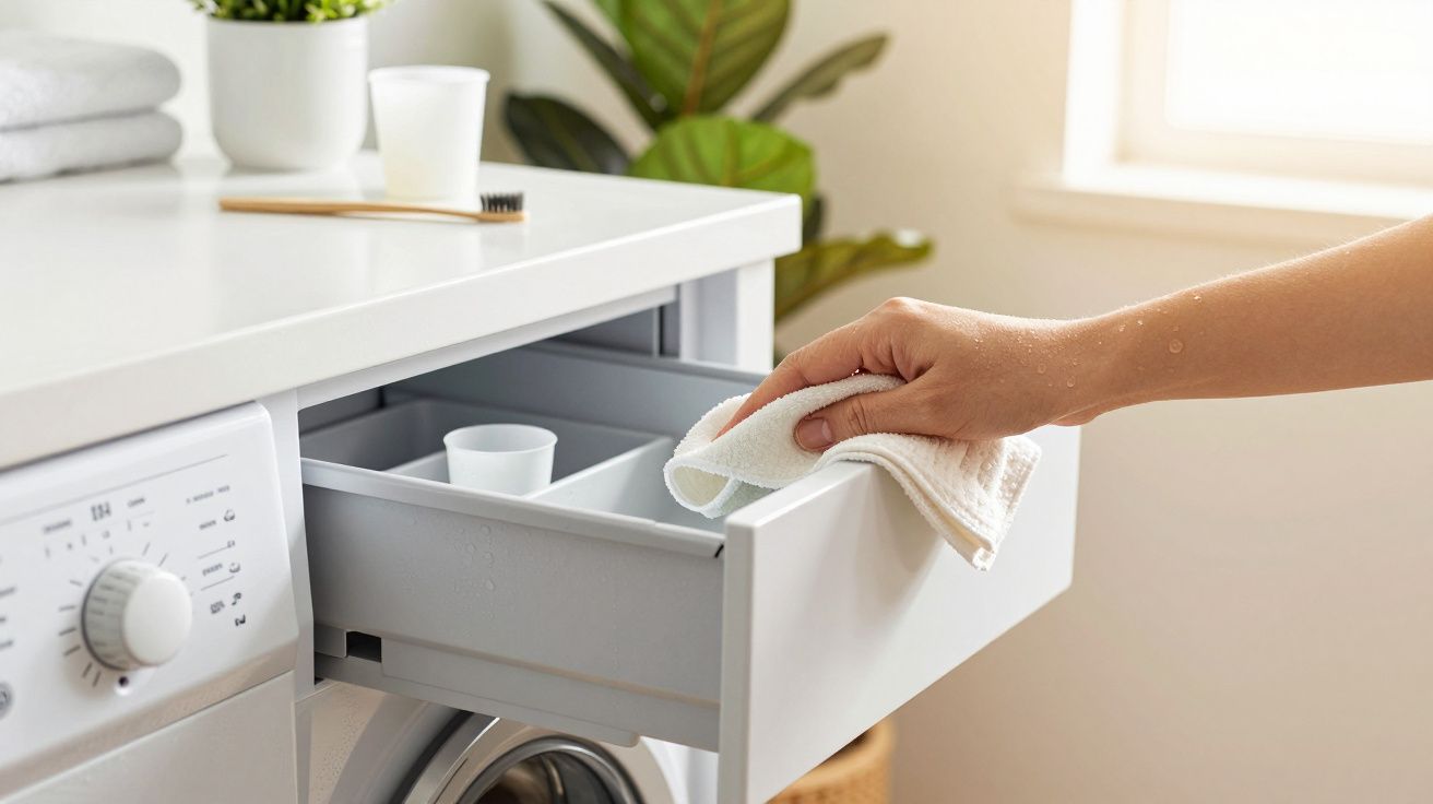 Mână care curăță sertarul unei mașini de spălat, cu fundal de plante și periuță de dinți pe masă.