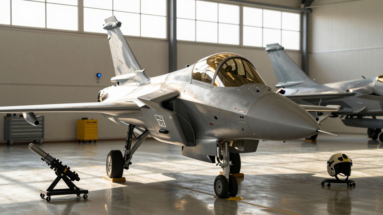 Avion de vânătoare în hangar, cu cască de pilot și echipamente adiționale alături.